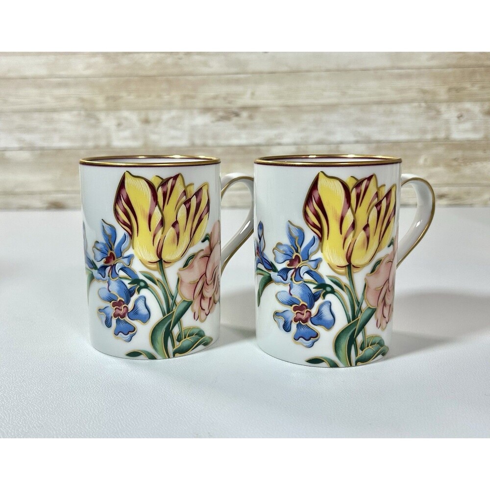 Fitz and Floyd Bariolage des Fleurs Tea Mugs Japan Porcelain Floral Gold Trim